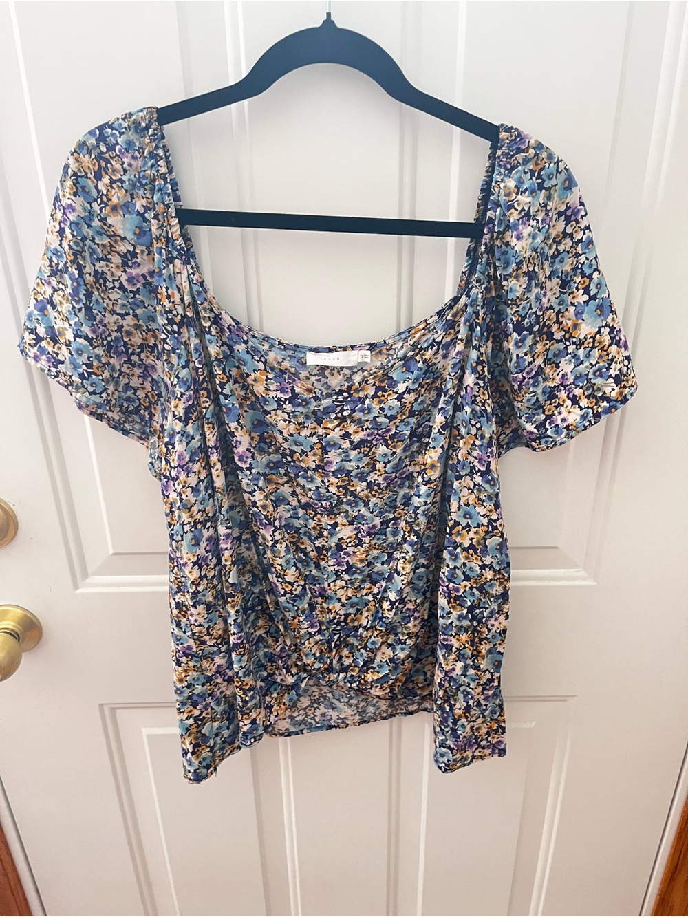 Lush Blue Floral Tie Front Puff Sleeve Blouse